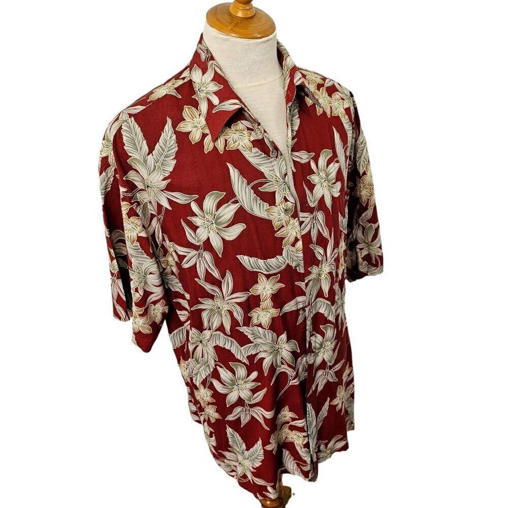 80s-90s Pierre Cardin Hawaiian Shirt Tropical Pattern Collared Mens L Red Ivory